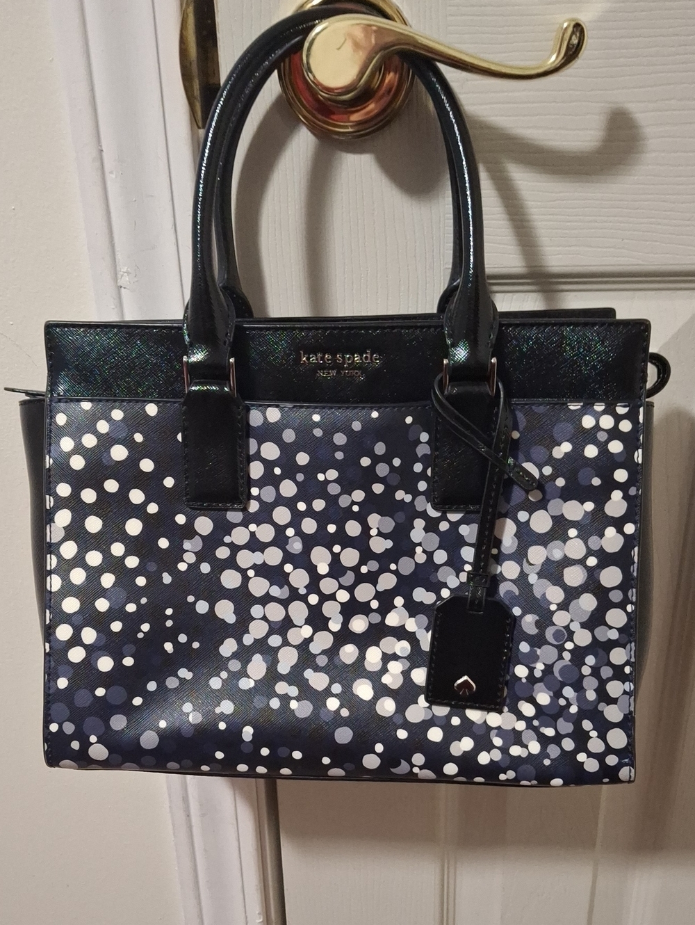kate spade Navy and White Polka Dot Satchel with Black Trim